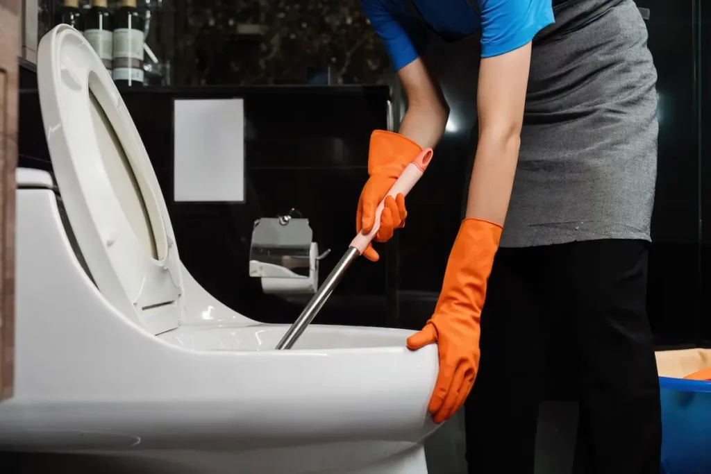 Handschuhe und Schutzbrille sind Pflicht bei der Tiefenreinigung der Toilette