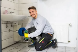 Ein Rohrreiniger repariert das Waschbeckenrohr im Badezimmer